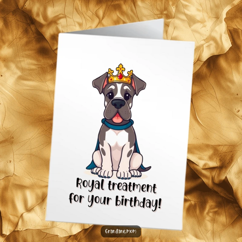 Funny Free Printable Great Dane with a regal crown sits proudly on a birthday card.