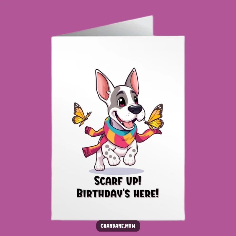 Funny Free Printable Grand Dane Birthday Card: Cheerful Dog Scout Chasing Butterfly