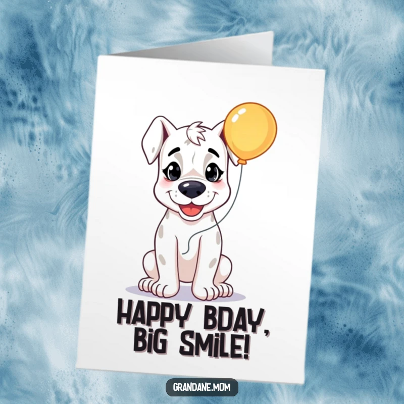 Funny Free Printable birthday card featuring a grinning Grand Dane holding a bright balloon, radiating pure birthday happiness.