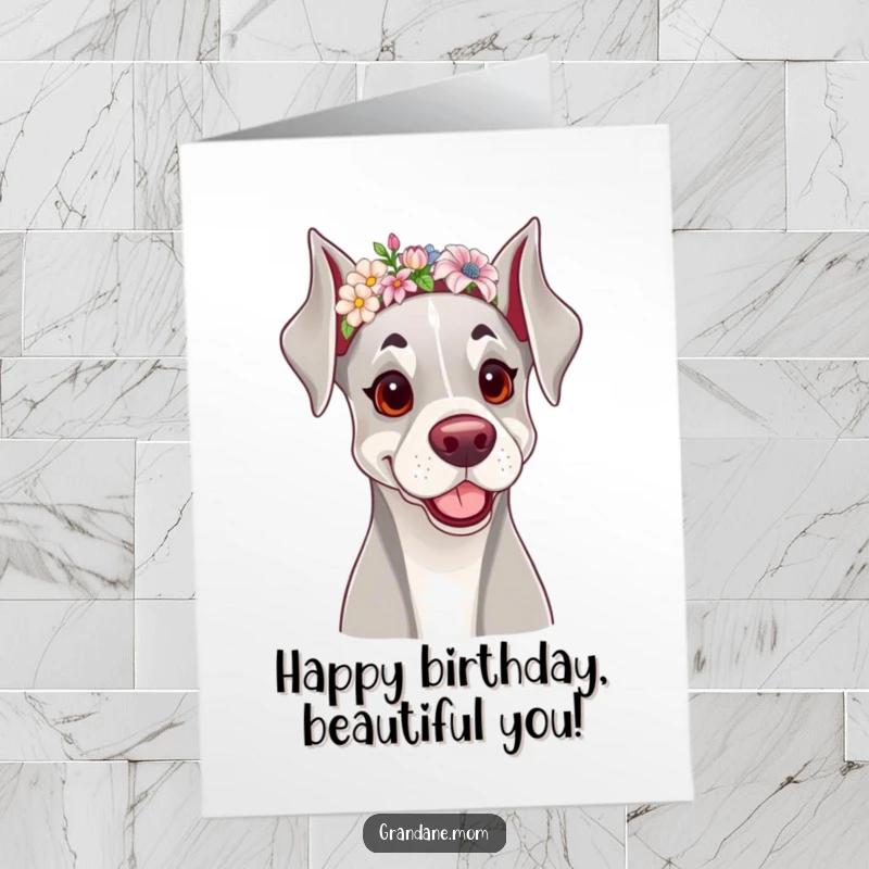 Funny free printable birthday card featuring a cheerful Grand Dane wearing a dainty floral headband, looking absolutely lovely and festive.