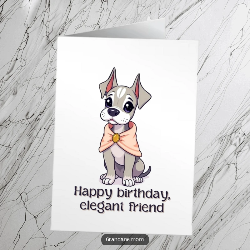 Funny free printable birthday card featuring a Grand Dane in a tiny shawl, looking exceptionally poised and sophisticated.