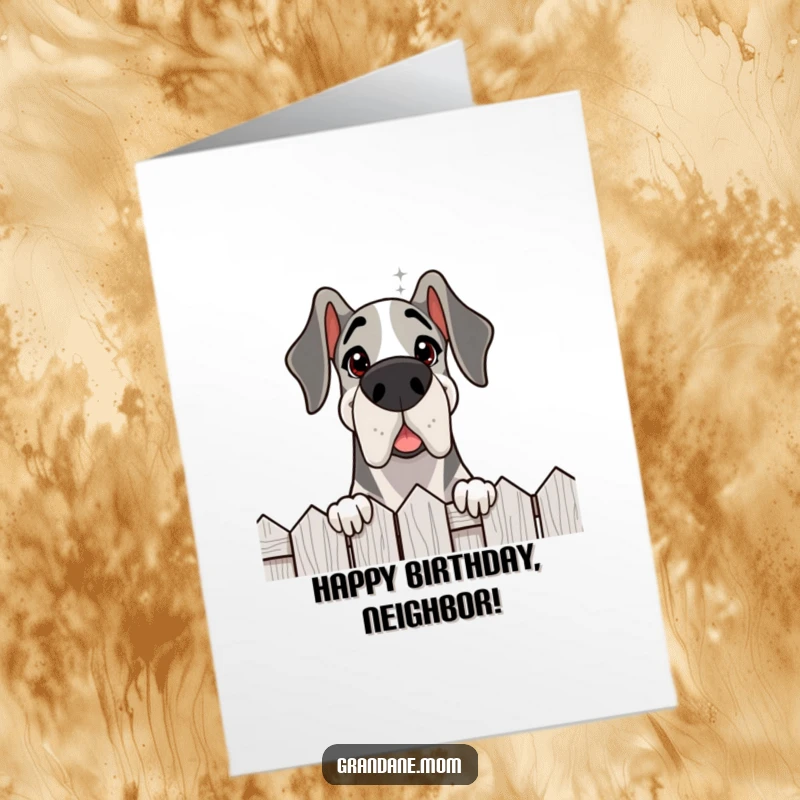 Funny Free Printable Birthday Card: Delighted Grand Dane peering inquisitively over a fence with a friendly gaze.
