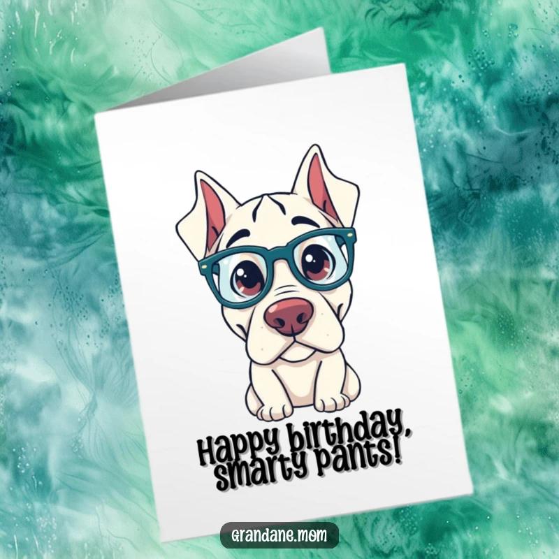 Funny Free Printable Birthday Card featuring a curious Grand Dane dog with oversized glasses, looking smart.