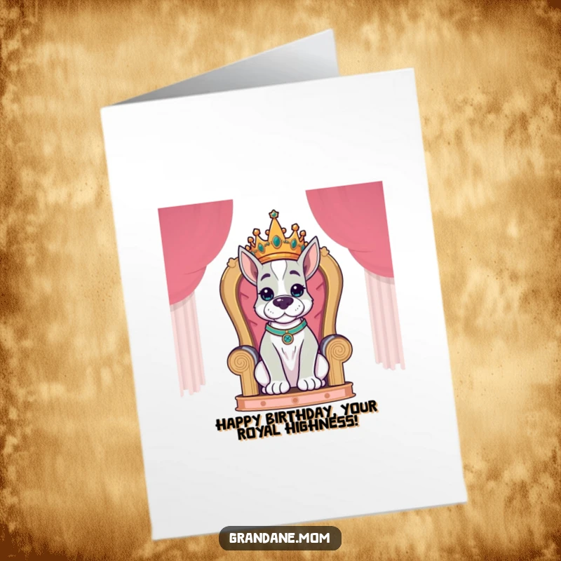 Funny Free Printable Birthday Card: A Grand Dane dog wearing a golden crown sits regally on a plush throne.