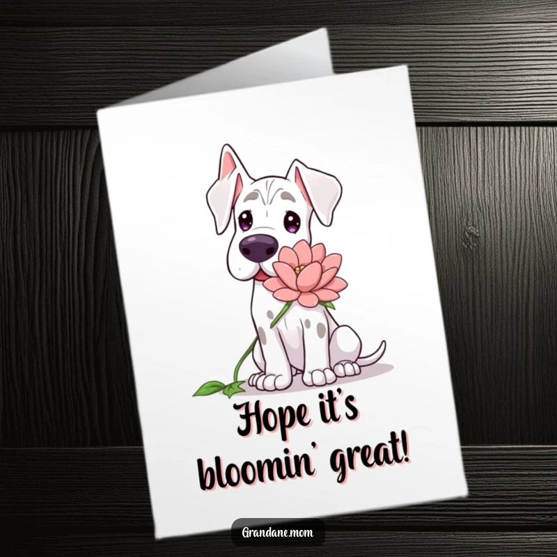 Funny Free Printable Grand Dane Birthday Card: Gentle dog offering a large flower, sweet downloadable birthday wish.
