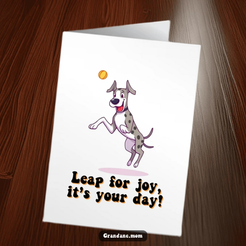 Funny Free Printable Birthday Card showing a long-legged Great Dane joyfully leaping high to catch a toy.