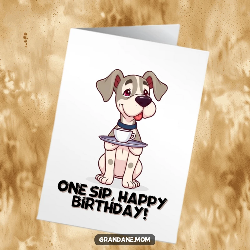 Funny Free Printable Birthday Card: Grand Dane carefully balancing a small tray with one cup, offering a humorous birthday greeting.