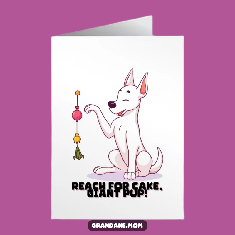 Free Printable Funny Birthday Card: Grand Dane Reaching for Toy, Downloadable Gift