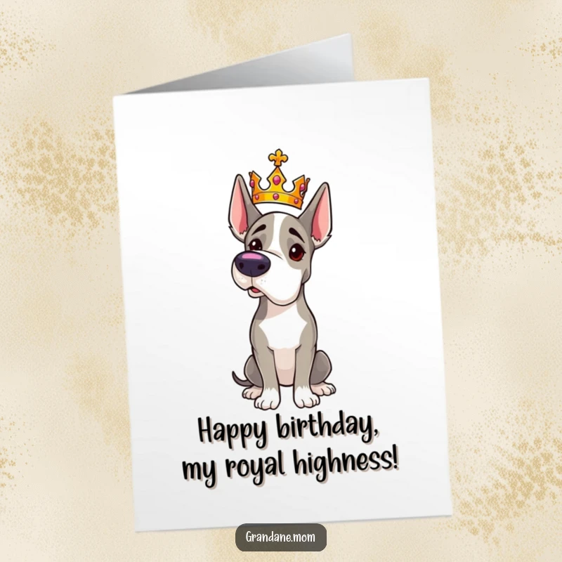 Funny free printable Grand Dane birthday card, a large dog wearing a tiny, sparkling crown, posing regally, birthday royalty.
