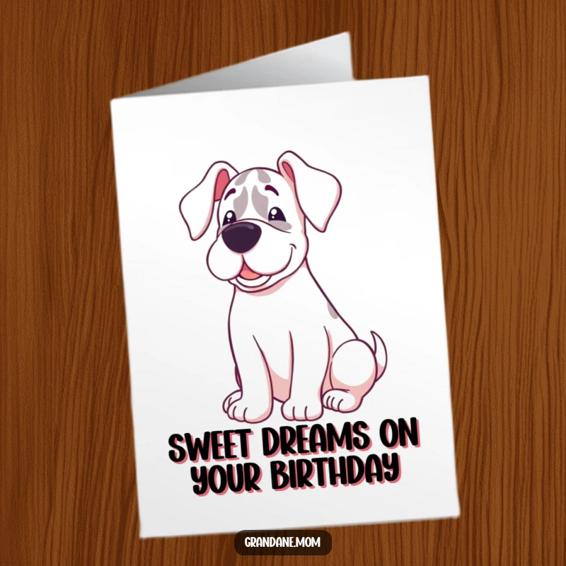 Free Printable Birthday Card: A Grand Dane with a sweet, contented expression, curled up happily.