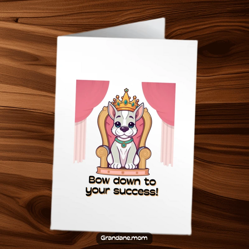 Funny Free Printable Congratulations Card: A crowned Grand Dane sitting on a throne, exuding power and success.