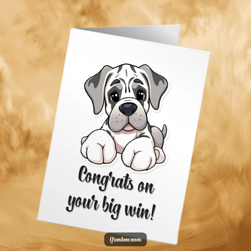 Funny Free Printable Congratulations Card: A Grand Dane with giant paws proudly offers a soft toy.