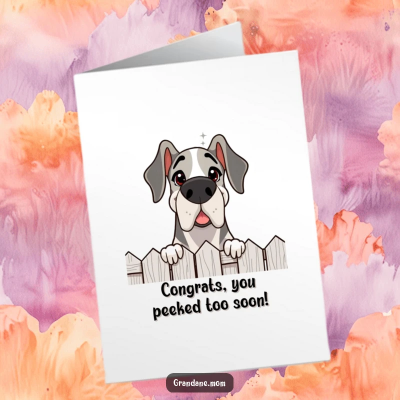 Funny Free Printable Congrats Card: Delighted Grand Dane friendly peering over a fence, observing success.