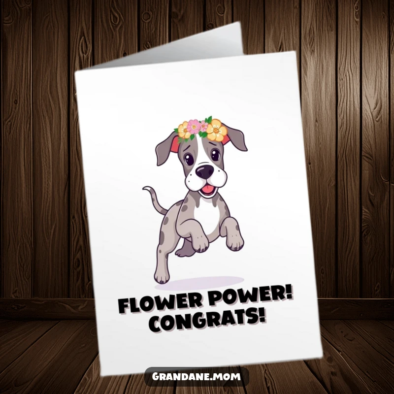 Free Printable Congratulations Card: Great Dane in a floral headband, looking cheerful and celebrating a wonderful achievement with playful energy.