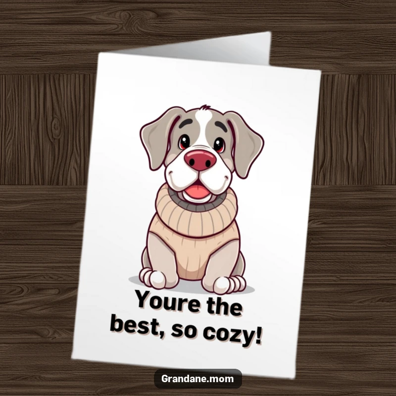 Funny Free Printable Congratulations Card: A jolly Grand Dane in a knitted sweater looks cozy and content, perfect for sending warm congratulations.