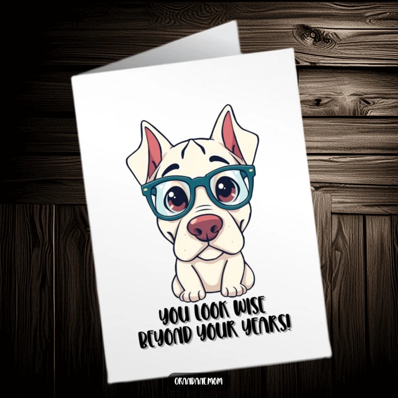 Funny Free Printable Congrats Card showing a Grand Dane dog with oversized glasses, peering intelligently.