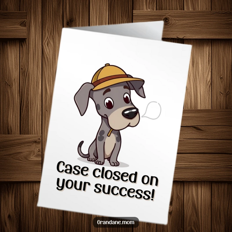 Funny Free Printable Congratulations Card: Great Dane detective hat, holding magnifying glass, celebrating a solved case of success.