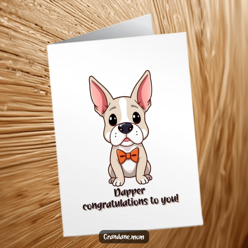 Funny Free Printable Congratulations Card: A distinguished Grand Dane in a smart bow tie, conveying congratulations with an air of sophisticated charm.