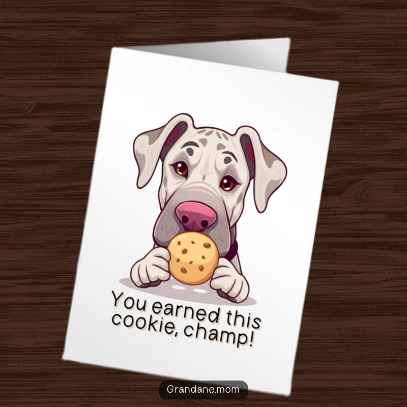 Funny Free Printable Congratulations Card: A charming Grand Dane winks, presenting a tea cookie to celebrate achievements.