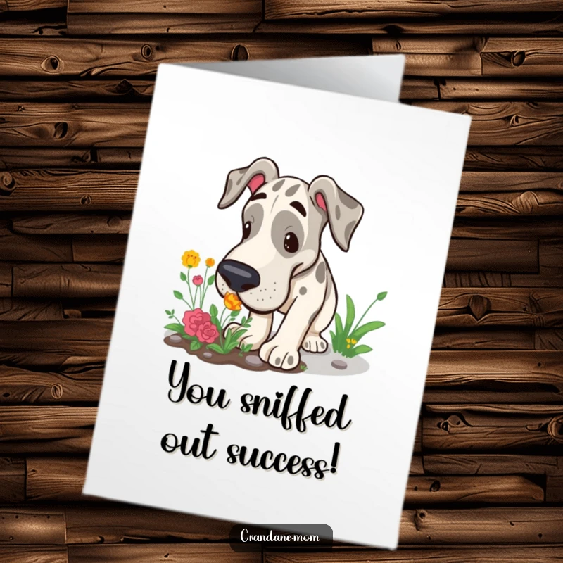 Funny Free Printable Congratulations Card: A curious Grand Dane explores a garden patch with an inquisitive snuffle.