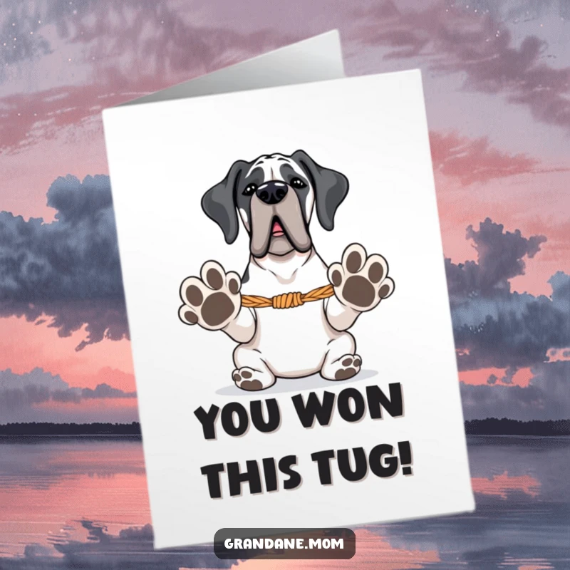 Funny Free Printable Congratulations Card: A Grand Dane, paws extended, eagerly awaits a game of tug-of-war.