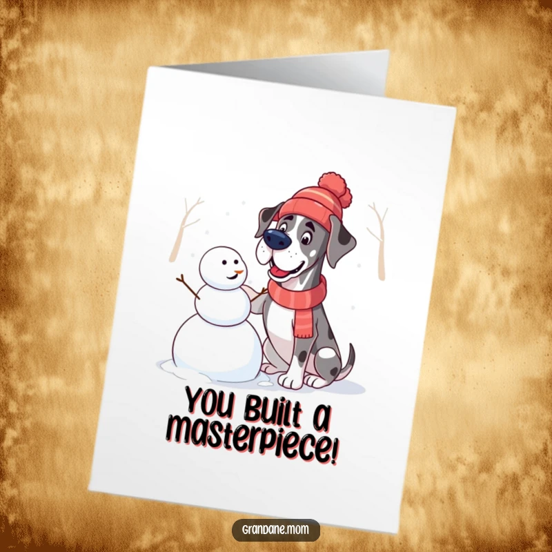 Funny Free Printable Congratulations Card featuring a Great Dane in a hat building a snowman, celebrating achievements with wintery fun.