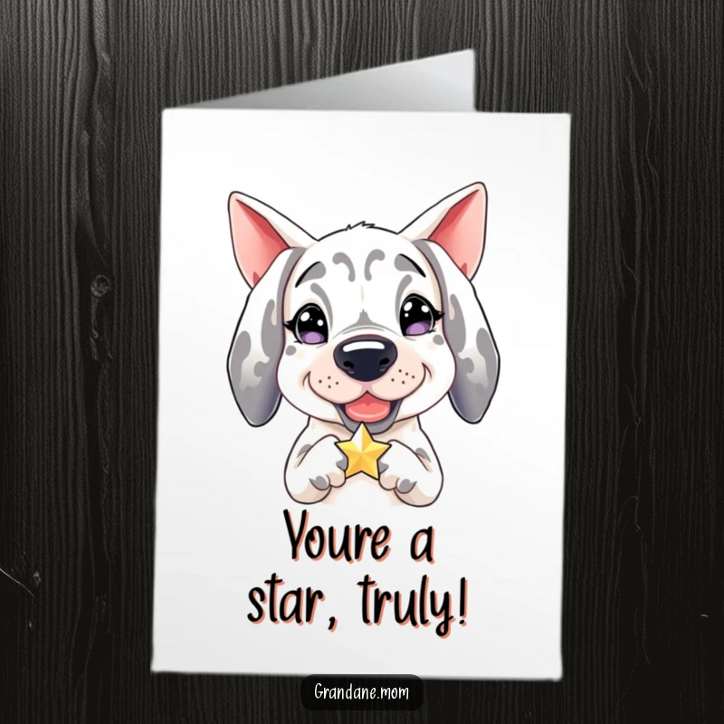 Funny Free Printable Congratulations Card: Grand Dane gleefully clutches a tiny sparkling star, celebrating success.