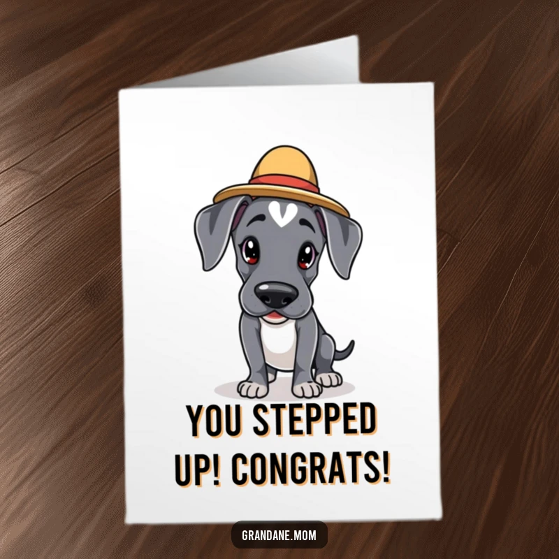 Funny Free Printable Congratulations Card: a Kawaii Great Dane wearing an elegant hat, tiptoeing to deliver congratulations.