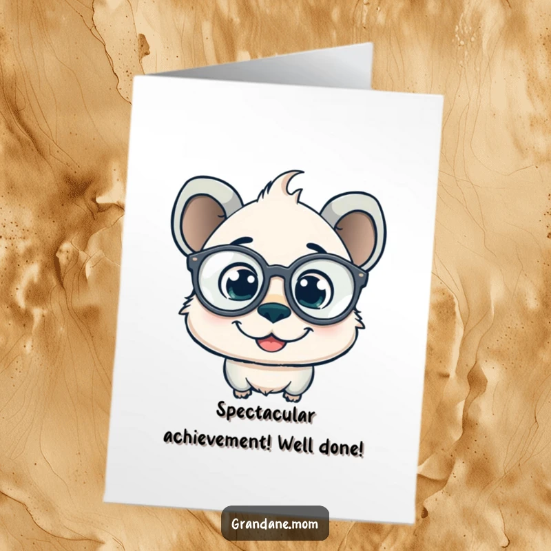 Funny Free Printable Congratulations Card: A smiling daniff with large spectacles, looking thoughtfully and curiously at your success.