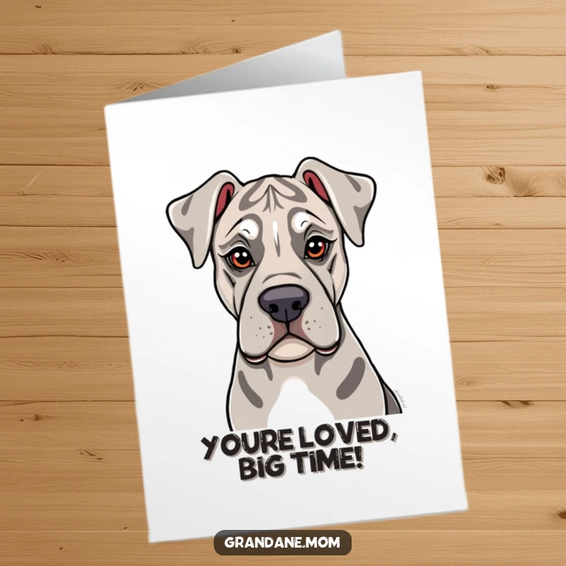 Funny Free Printable Congrats Card showing a Grand Dane dog with soulful eyes sharing a gentle, loving lick.
