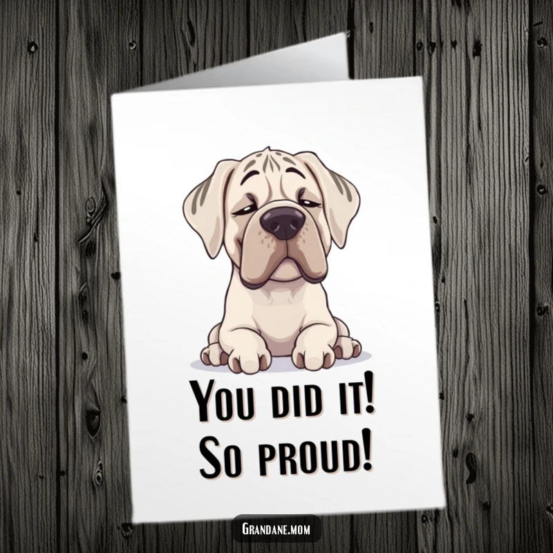 Funny Free Printable Congratulations Card showing a large Grand Dane exhaling with relief and contentment after a big achievement.