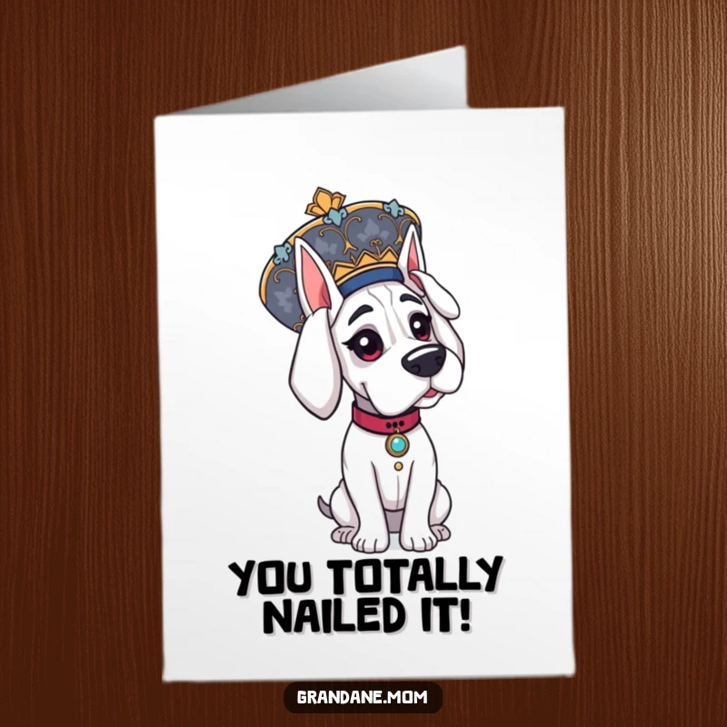 Funny Free Printable Grand Dane Congratulations Card: Elegant dog sporting a large ornate hat, downloadable celebration card.