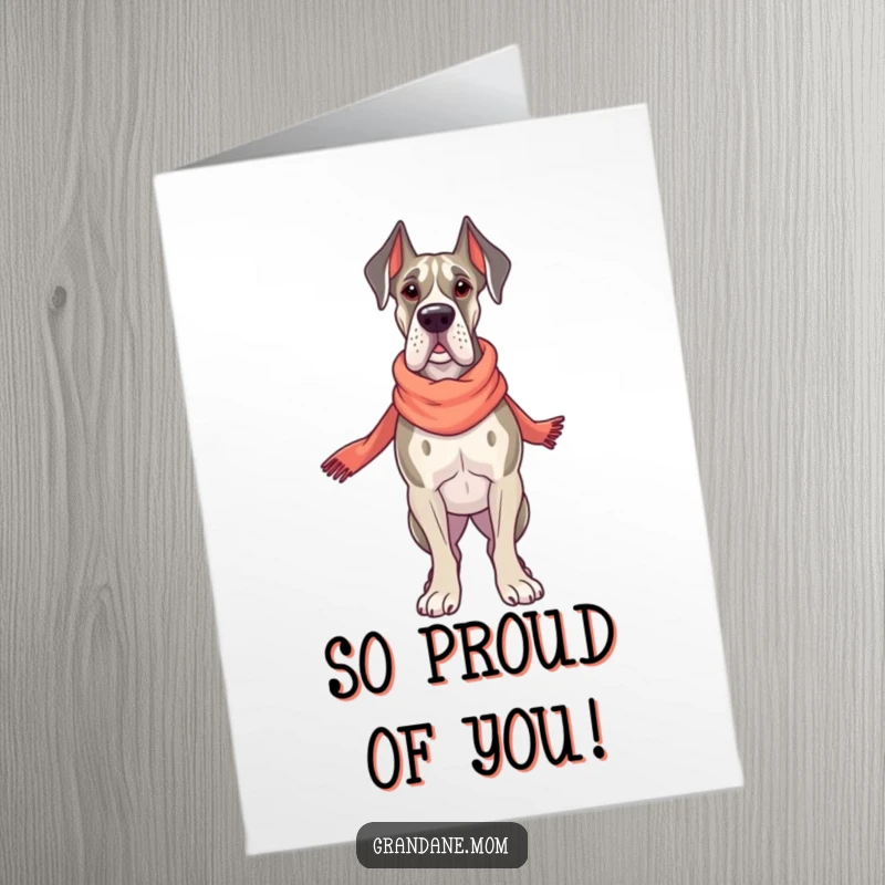 Funny Free Printable congratulations card showing a proud Grand Dane standing tall, adorned with a small, elegant scarf.