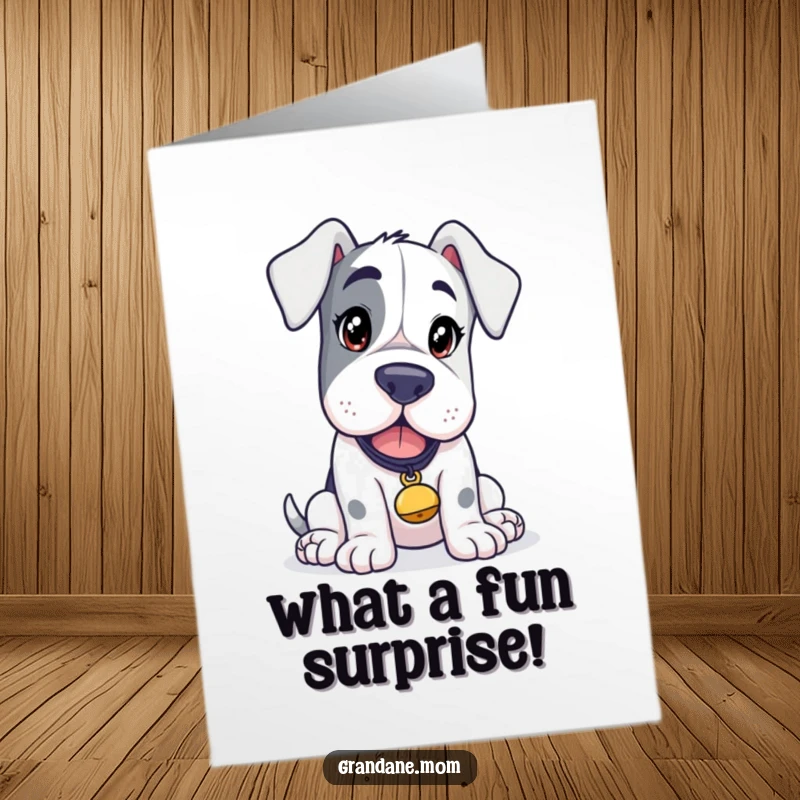 Funny Free Printable congratulations card showing a Grand Dane with a curious expression, wearing a small bell that tinkles with excitement.