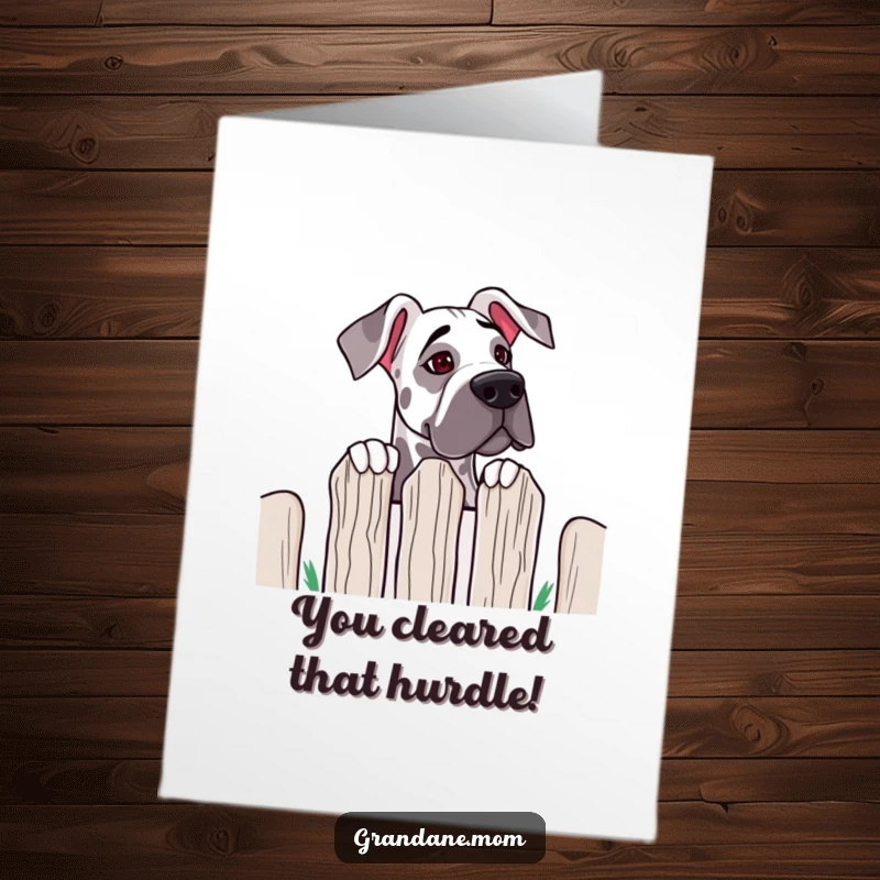 Funny Free Printable Congratulations Card: A Grand Dane with floppy ears peeks over a tall fence, showing curiosity.