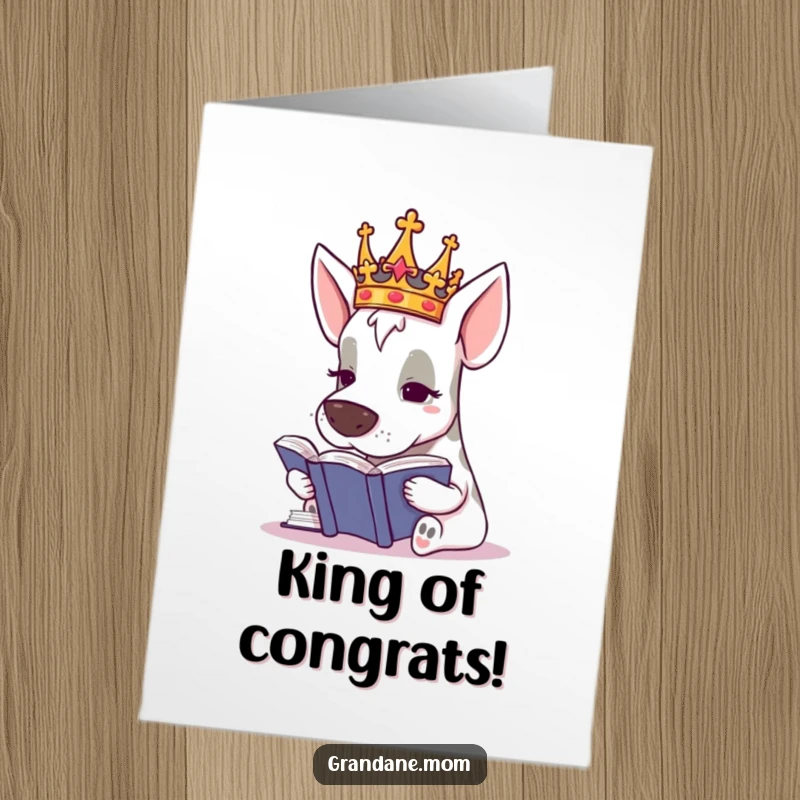 Funny Free Printable congratulations card featuring a Grand Dane dog wearing a small crown, looking scholarly and distinguished.