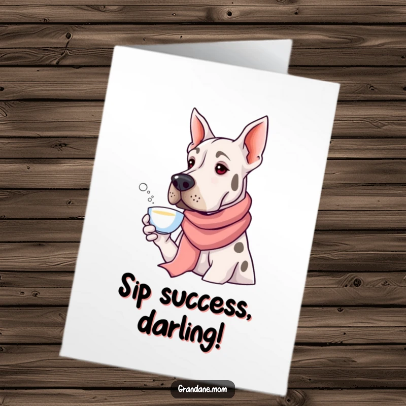 Funny Free Printable Grand Dane Congratulations Card: Sophisticated dog in scarf toasting with tea, celebrating success.