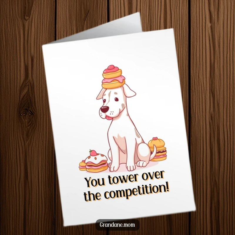 Funny free printable Grand Dane congratulations card, a dog elegantly balancing a stack of pastries on its head, celebrating achievements.