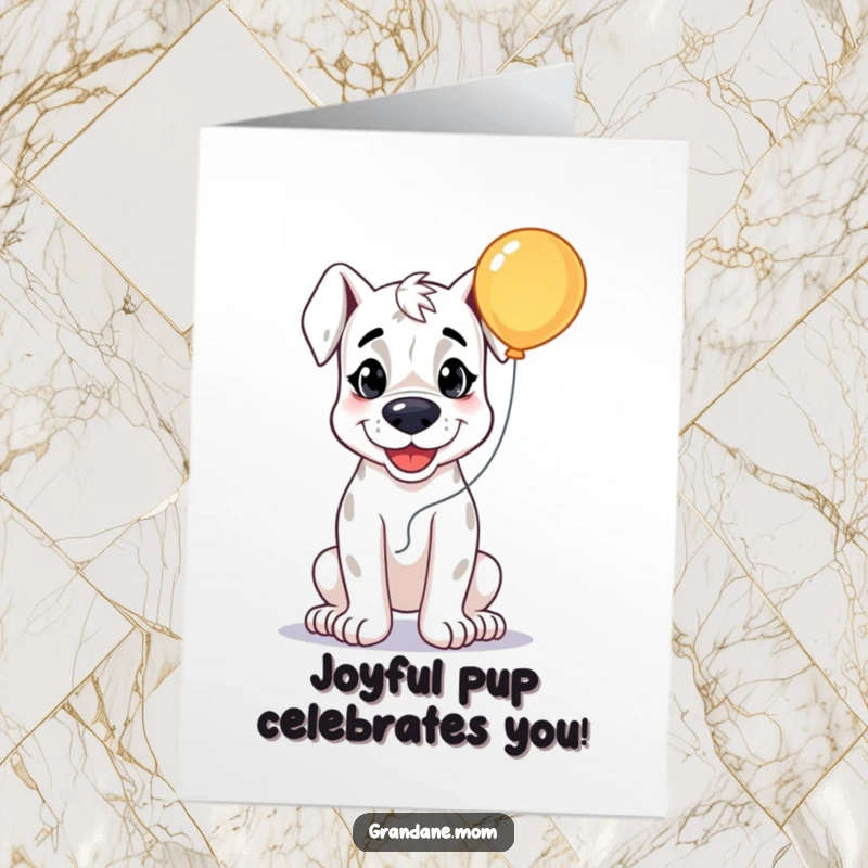 Funny Free Printable congratulations card showing a happy Grand Dane with a big smile, holding a bright, cheerful balloon.