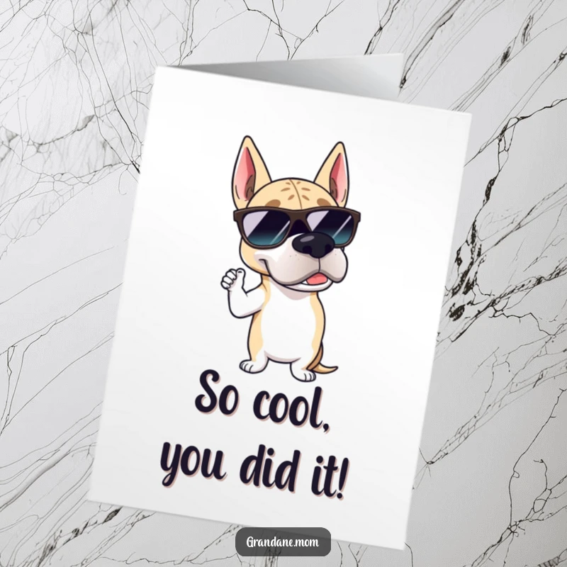 Funny Free Printable Congratulations Card: Grand Dane wearing cool sunglasses, striking a suave pose to celebrate a fantastic achievement.