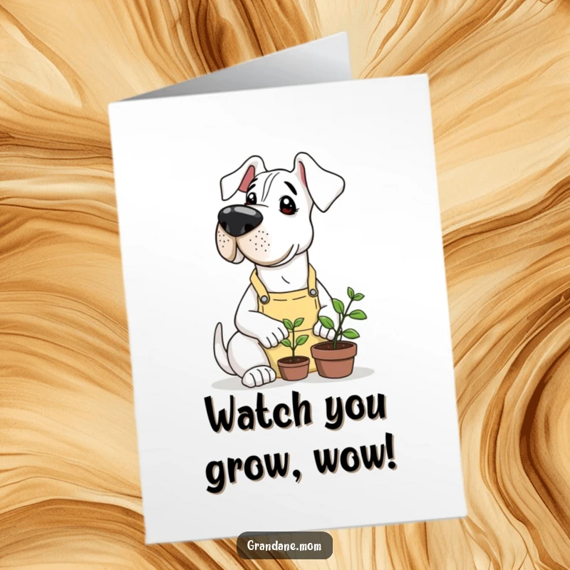 Funny Free Printable Congrats Card: A large Grand Dane wearing a gardening apron carefully fosters a tiny sprout, symbolizing new beginnings.