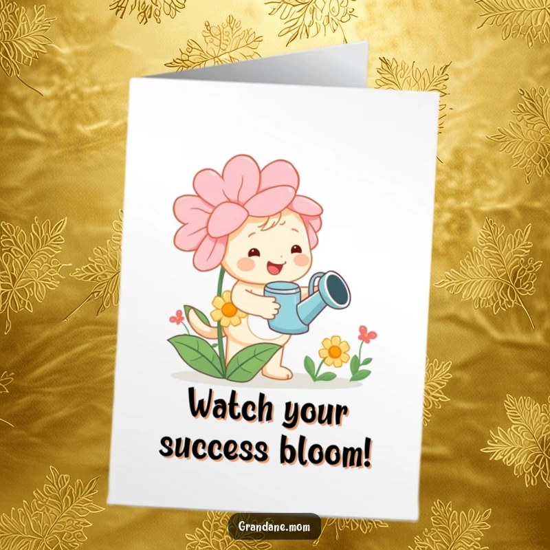Funny Free Printable Congratulations Card: Cheerful daniff with watering can tending a large flower, celebrating growth and success.