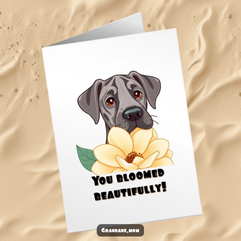 Funny Free Printable Congratulations Card: A Great Dane with kind eyes peeking curiously from behind a large, vibrant flower.