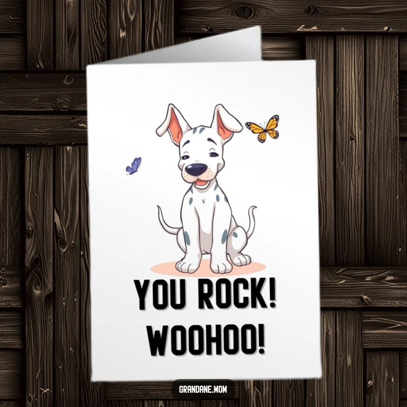 Funny Free Printable Grand Dane Congratulations Card: Grand Dane wiggling, dancing with a butterfly, downloadable celebration.