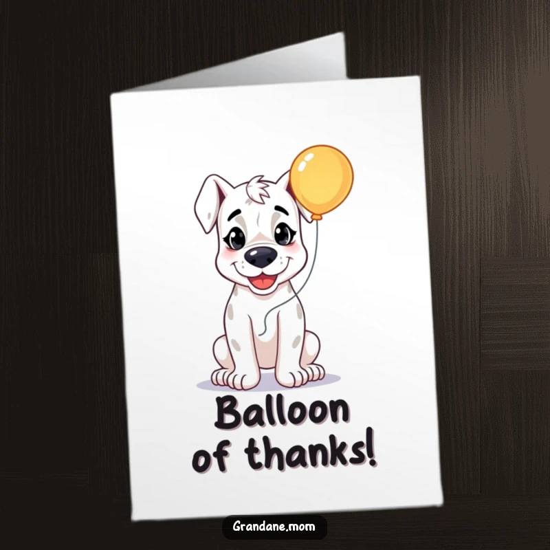 Funny Free Printable thank you card of a smiling Grand Dane holding a bright balloon, conveying warm and happy gratitude.