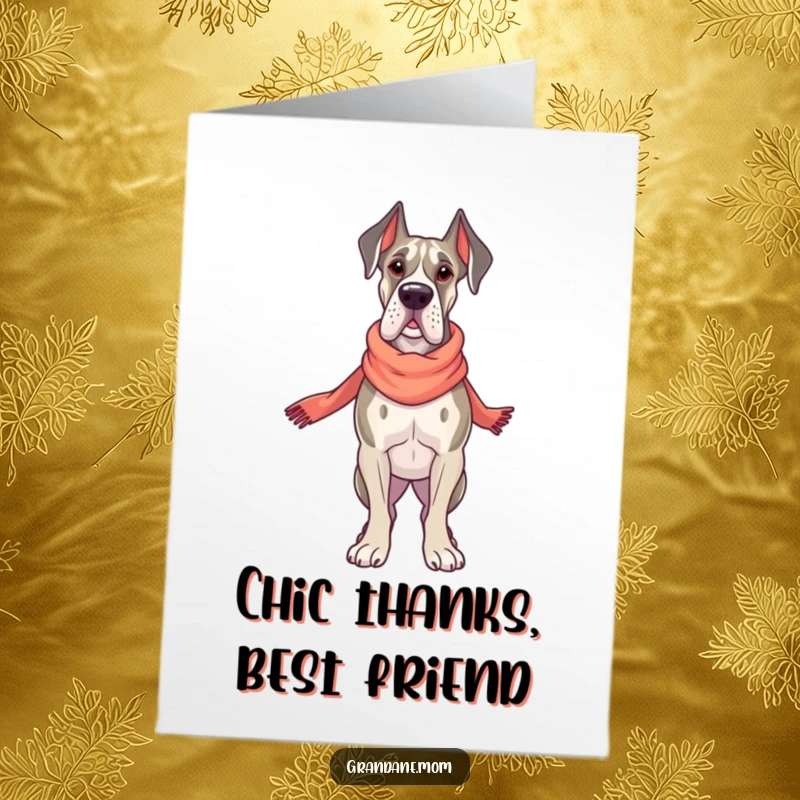 Funny Free Printable thank you card of a proud Grand Dane wearing a tiny elegant scarf, conveying classy appreciation.