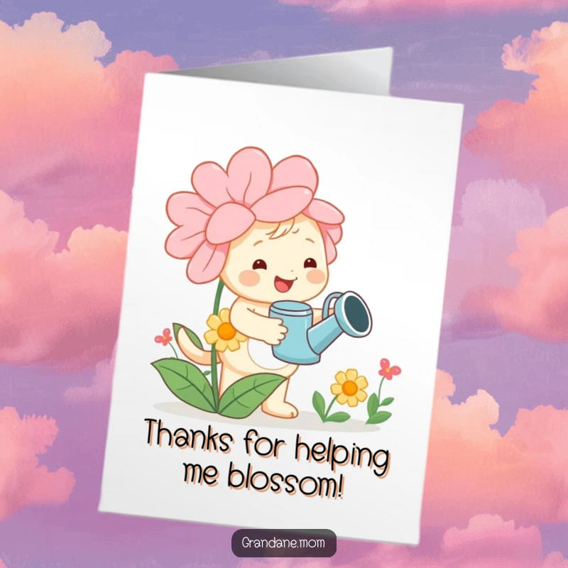 Funny Free Printable Thank You Card: Cheerful daniff with watering can tending a large flower, conveying thanks with humor.