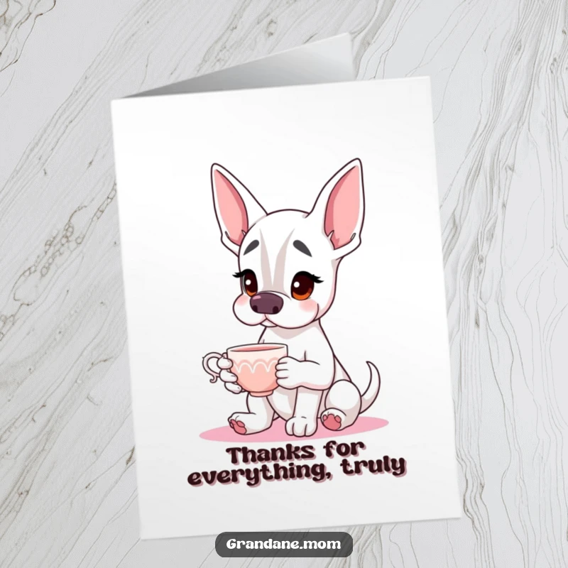 Funny Free Printable Grand Dane Thank You Card: A dignified Dane offers a teacup, conveying sincere gratitude with a smile.