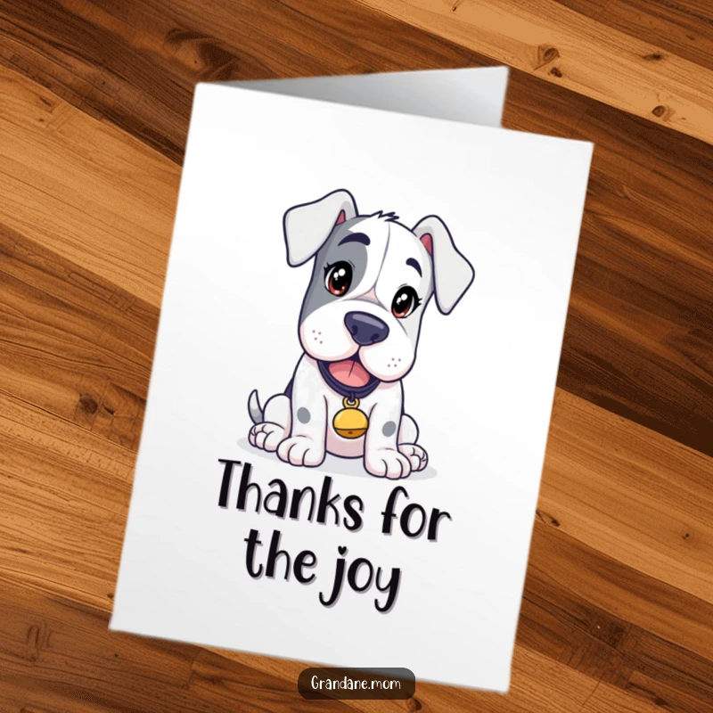 Funny Free Printable thank you card of a Grand Dane with a curious look, wearing a small bell, expressing thoughtful thanks.