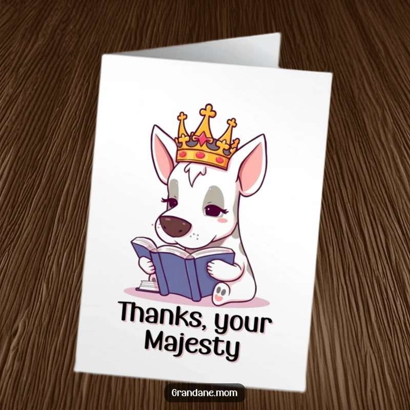 Funny Free Printable thank you card of a regal Grand Dane with a tiny crown intently studying, expressing thoughtful gratitude.